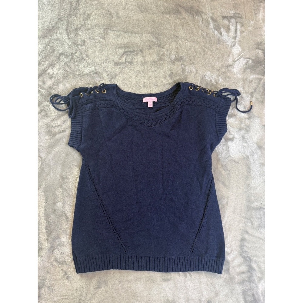 Lilly Pulitzer Sweater Womens XS Blue V-Neck Short Sleeve Grommets Ribbed Hem